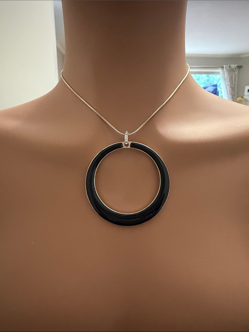 Express Silver Chain Necklace with Black Circular Pendant